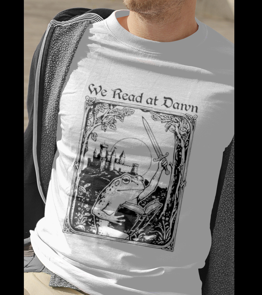 We Read At Dawn Frog Holding Sword And Book In Enchanted Forest T-Shirt