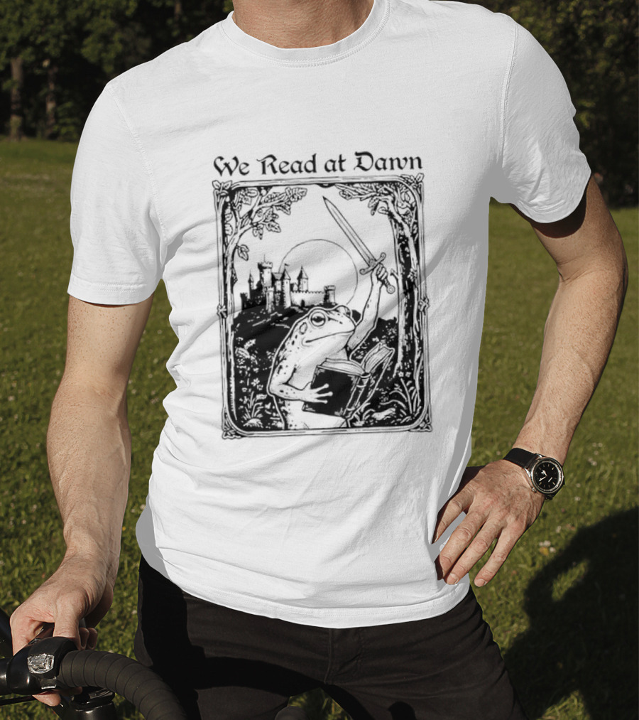 We Read At Dawn Frog Holding Sword And Book In Enchanted Forest T-Shirt
