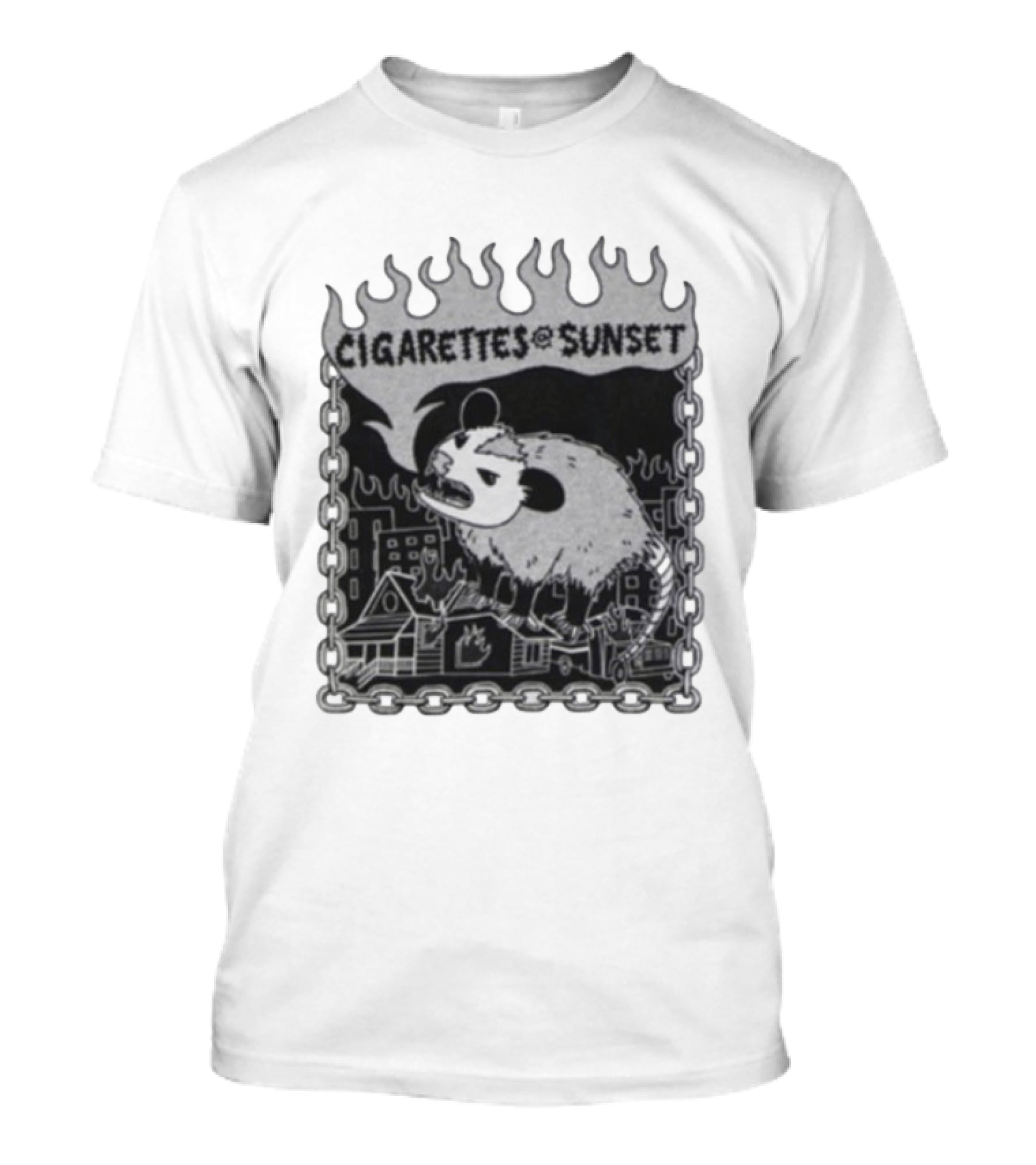 Cigarettes At Sunset OG Possum In Fiery Cityscape With Chains T-Shirt