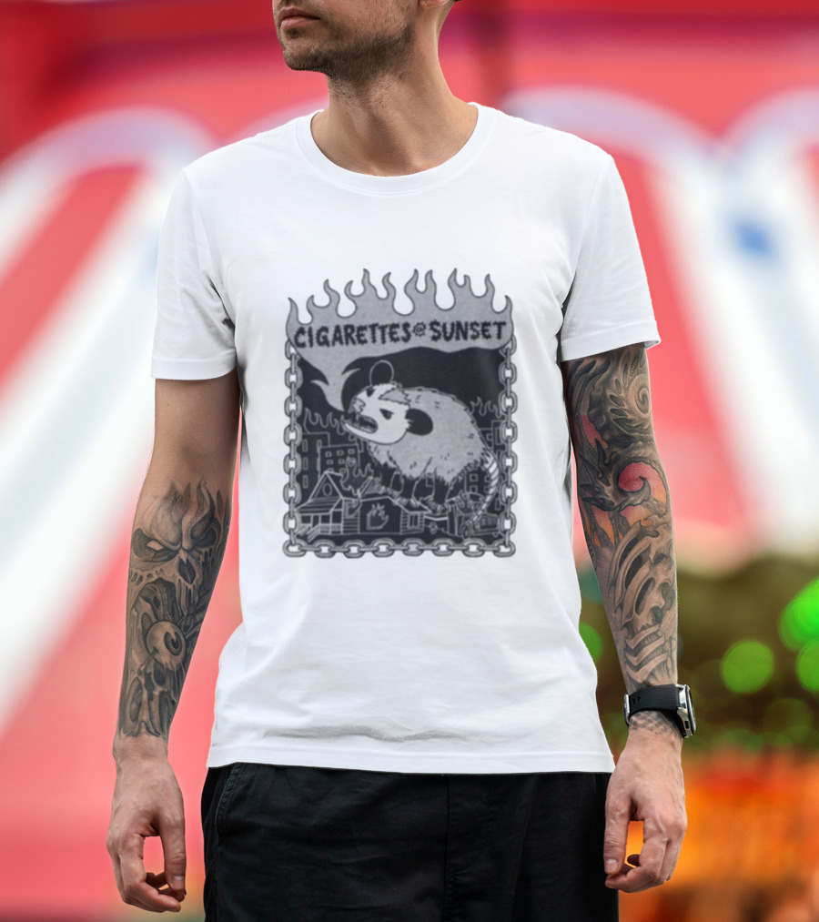 Cigarettes At Sunset OG Possum In Fiery Cityscape With Chains T-Shirt