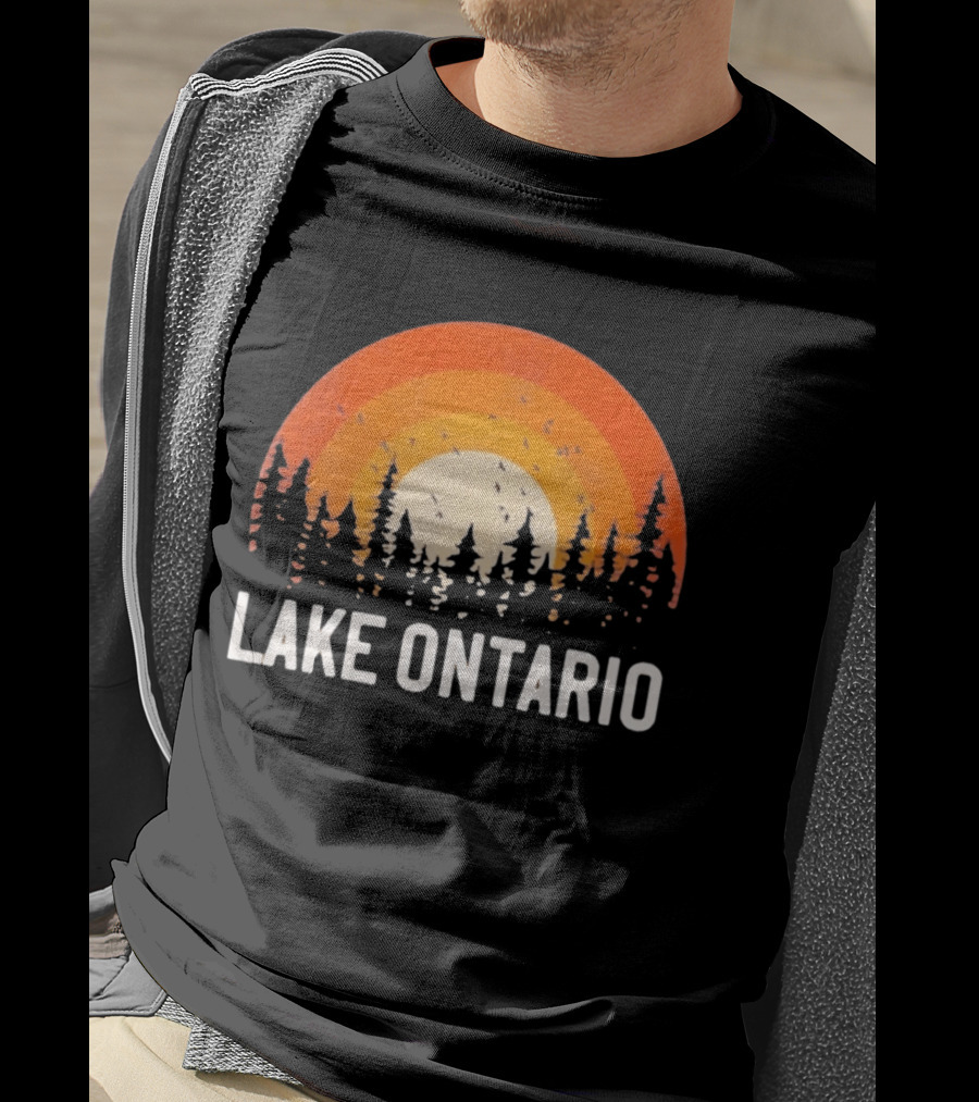 Lake Ontario Sunset Forest Birds Nature Scene With Orange Yellow Gradient T-Shirt