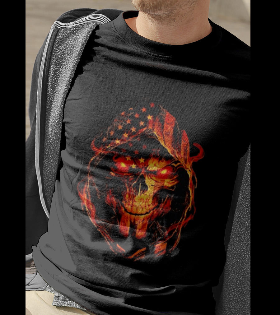 American Flag Skull Grim Reaper With Glowing Red Eyes T-Shirt