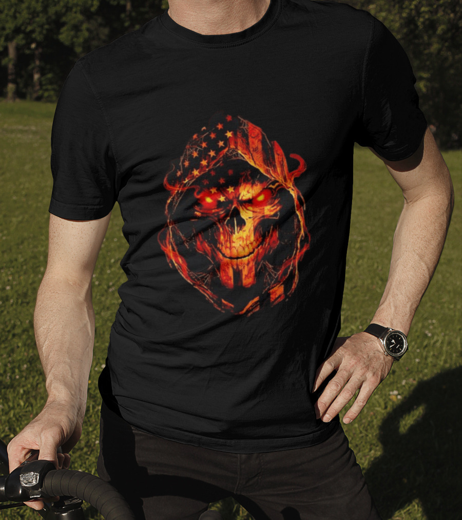 American Flag Skull Grim Reaper With Glowing Red Eyes T-Shirt