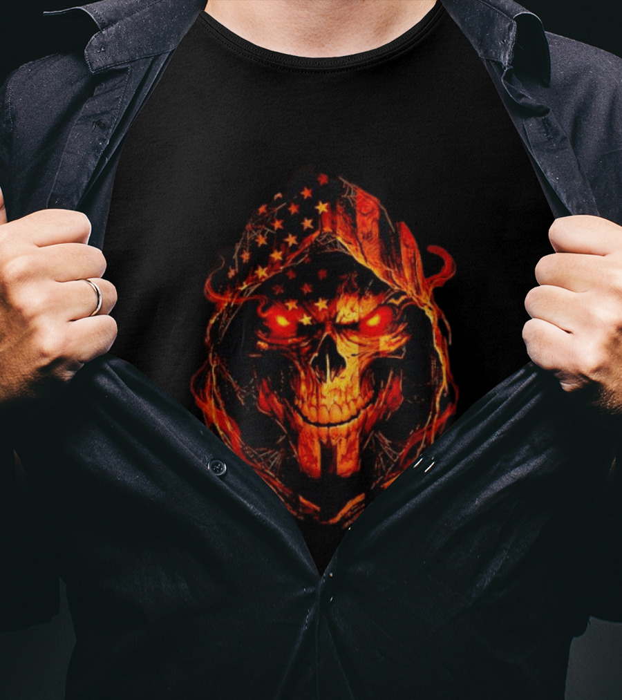 American Flag Skull Grim Reaper With Glowing Red Eyes T-Shirt