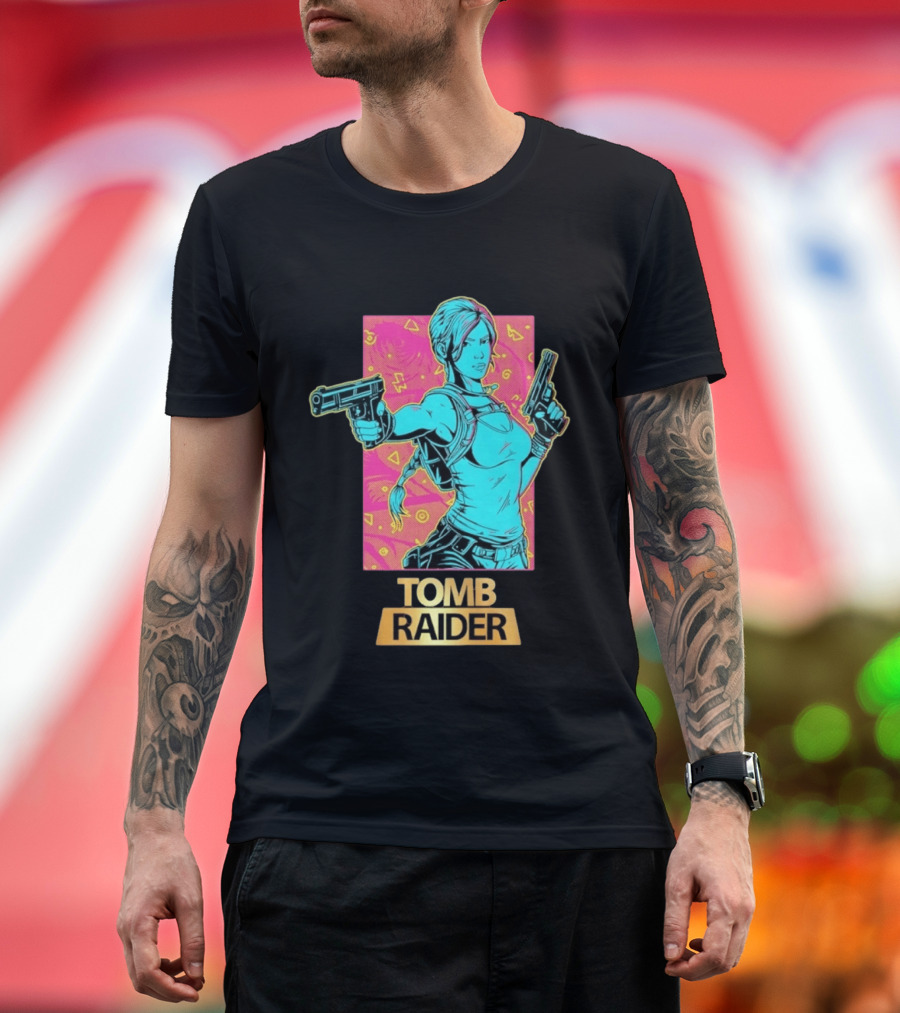Tomb Raider Lara Croft Neon Halftone Dual Pistols T-Shirt