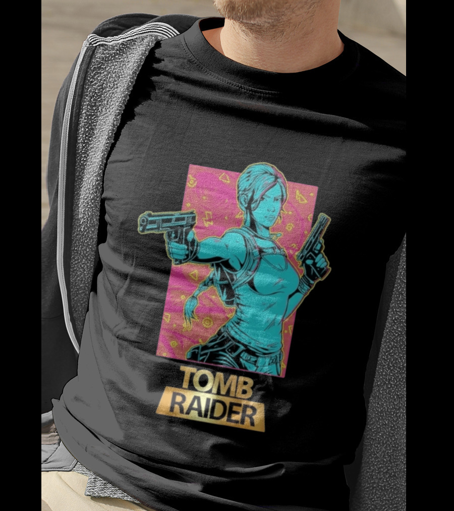 Tomb Raider Lara Croft Neon Halftone Dual Pistols T-Shirt