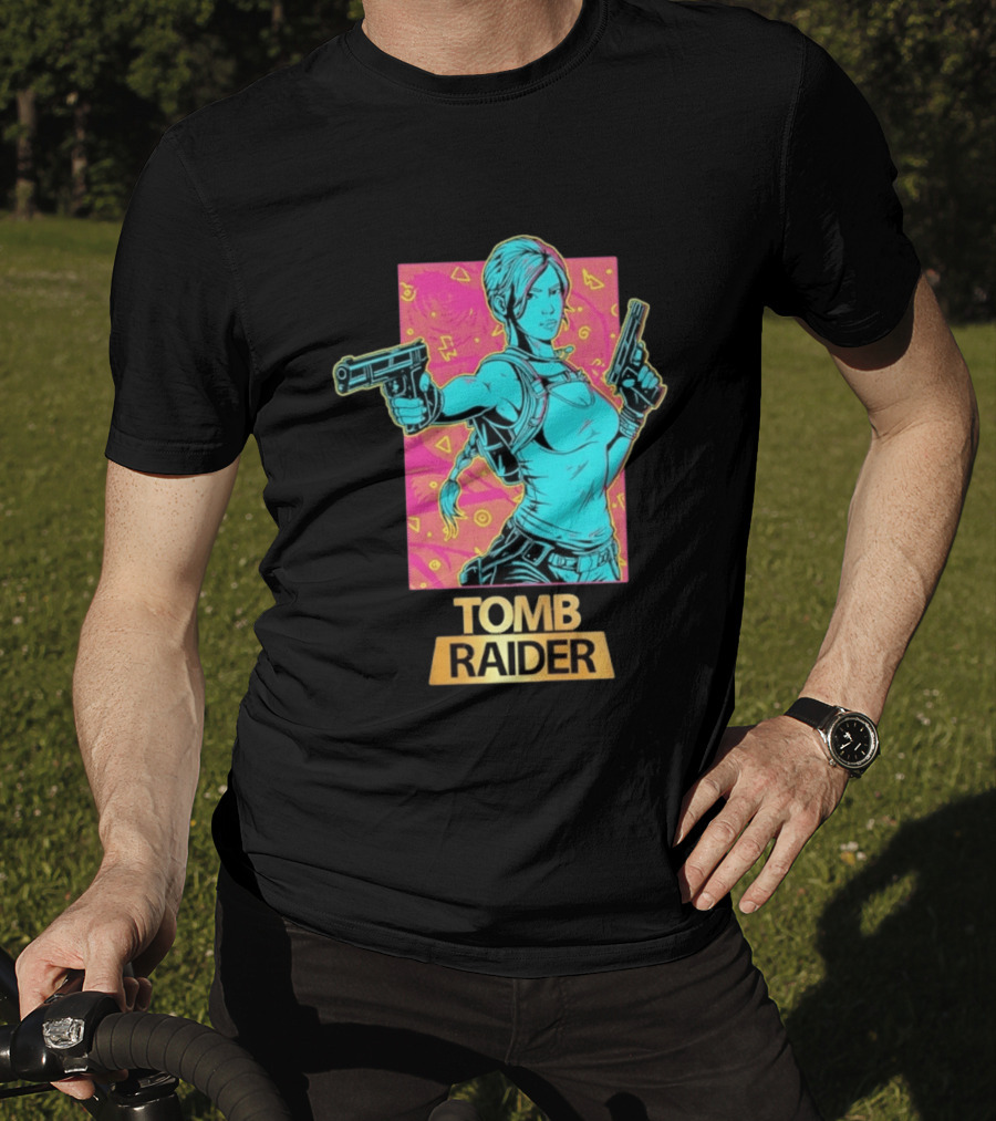 Tomb Raider Lara Croft Neon Halftone Dual Pistols T-Shirt
