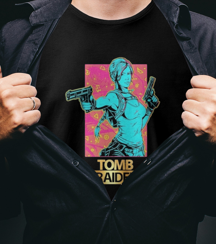 Tomb Raider Lara Croft Neon Halftone Dual Pistols T-Shirt