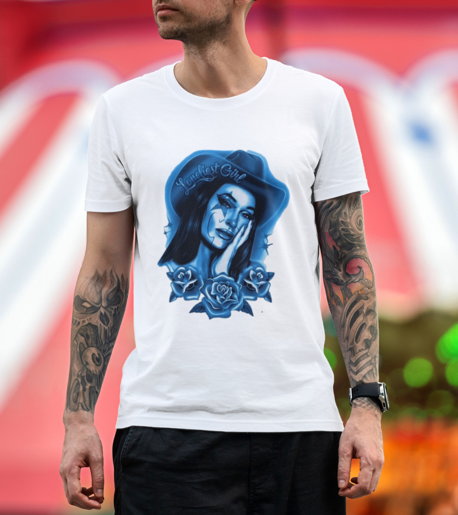 Loneliest Girl Airbrush Cowgirl In Blue With Roses T-Shirt