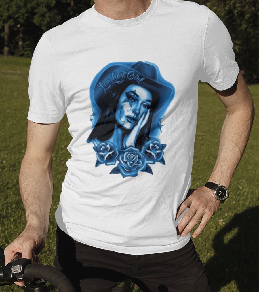 Loneliest Girl Airbrush Cowgirl In Blue With Roses T-Shirt
