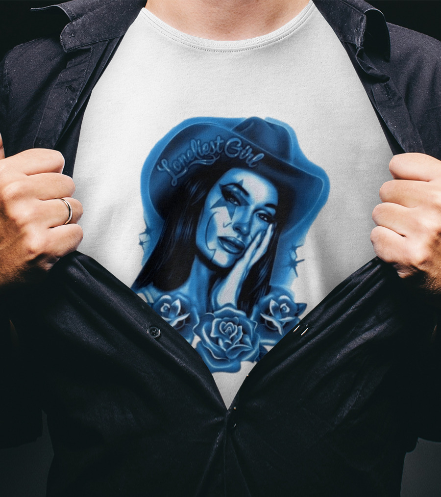 Loneliest Girl Airbrush Cowgirl In Blue With Roses T-Shirt