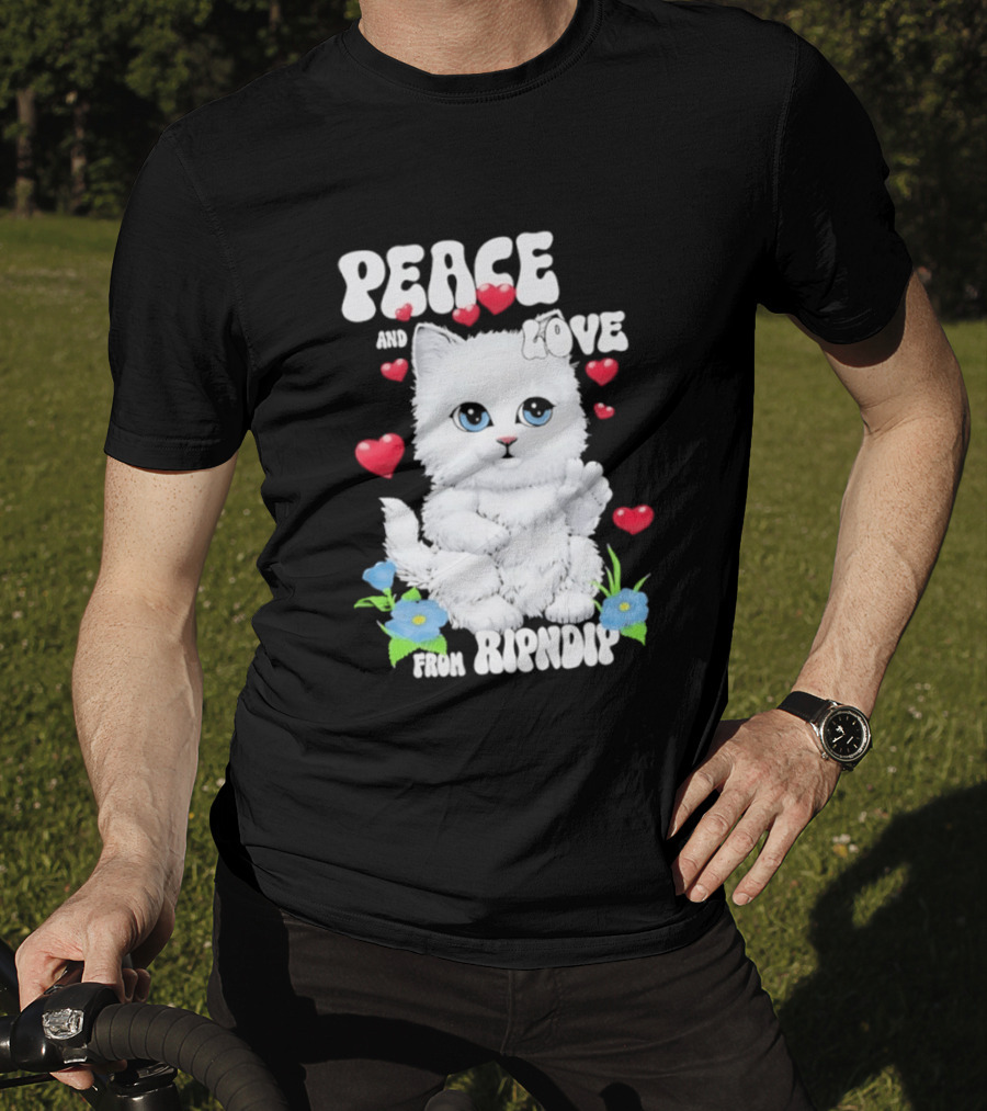 Peace And Love Ripndip Cat Kitten Hearts And Flowers T-Shirt