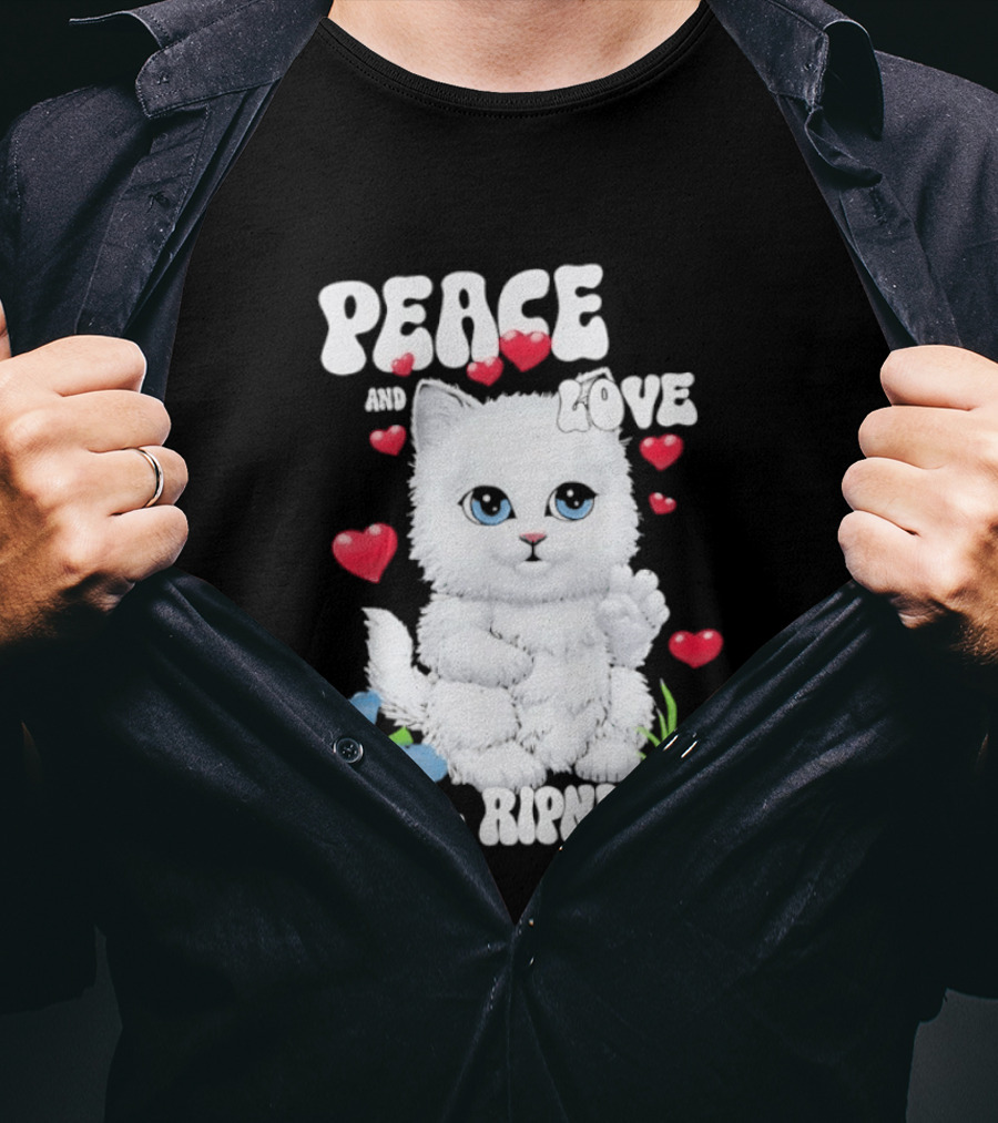 Peace And Love Ripndip Cat Kitten Hearts And Flowers T-Shirt