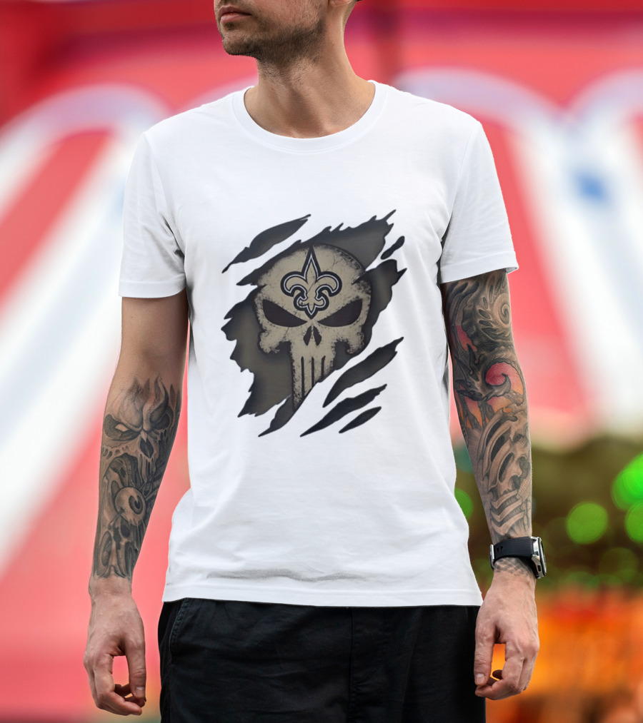 New Orleans Saints Punisher Skull Fleur De Lis Collaboration T-Shirt