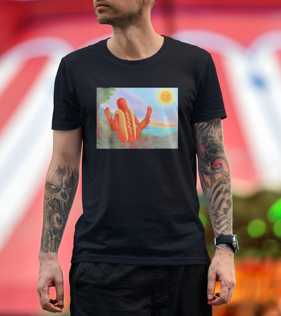 Surreal Hot Dog Doing Yoga At Sunrise With Smiling Sun T-Shirt