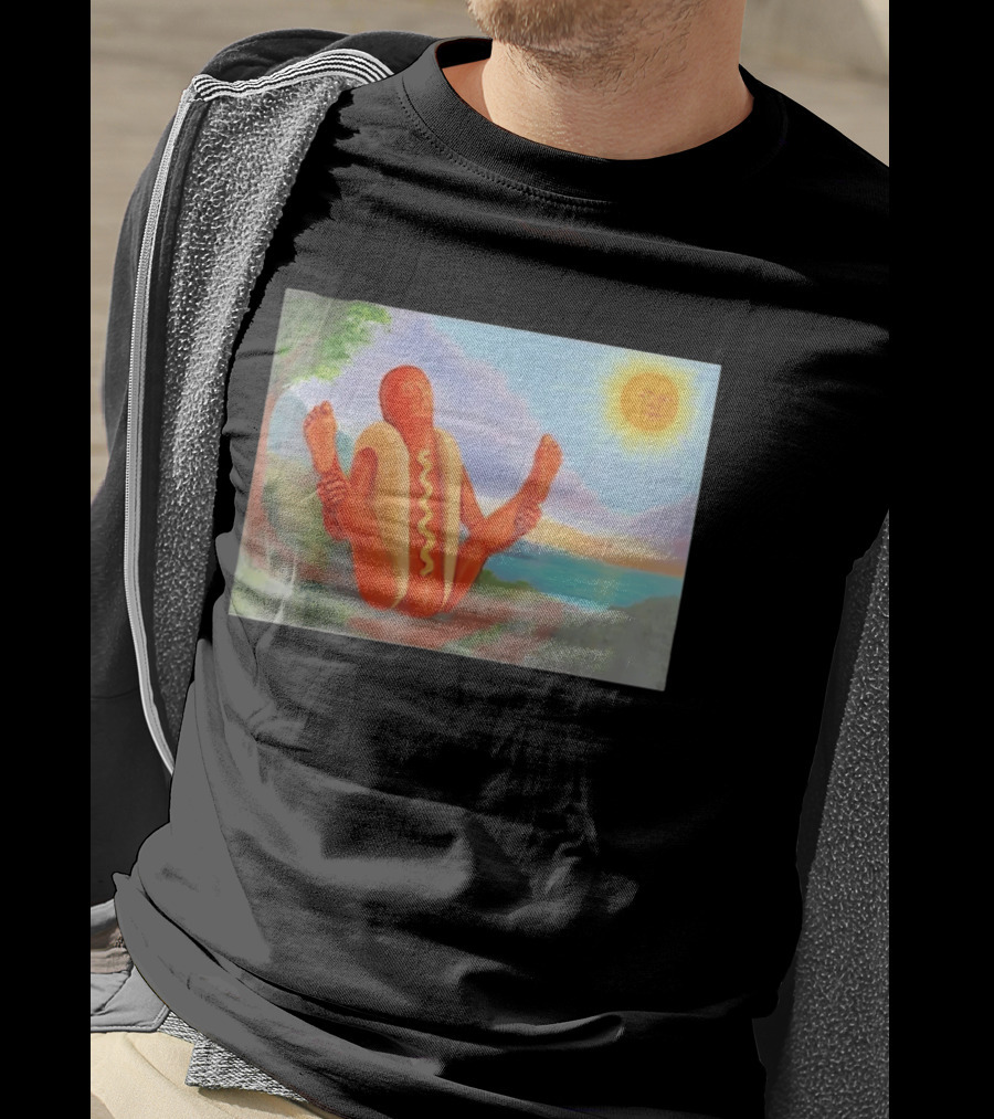 Surreal Hot Dog Doing Yoga At Sunrise With Smiling Sun T-Shirt