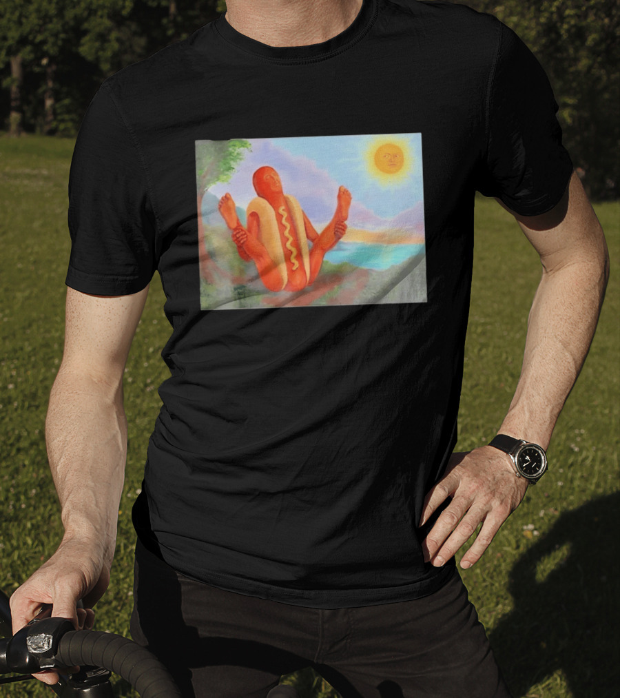 Surreal Hot Dog Doing Yoga At Sunrise With Smiling Sun T-Shirt