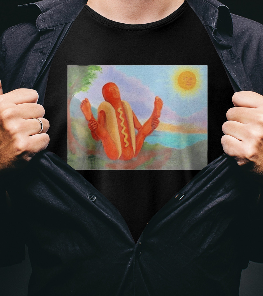 Surreal Hot Dog Doing Yoga At Sunrise With Smiling Sun T-Shirt