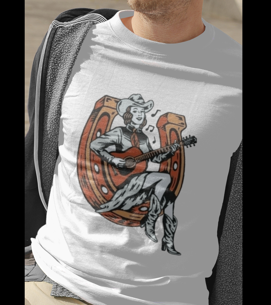 Cowgirl Playing Guitar On Horseshoe Classic Western Music Scene T-Shirt