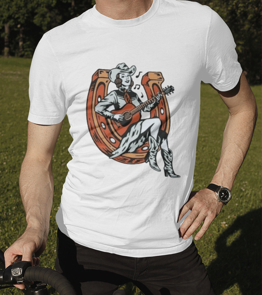 Cowgirl Playing Guitar On Horseshoe Classic Western Music Scene T-Shirt