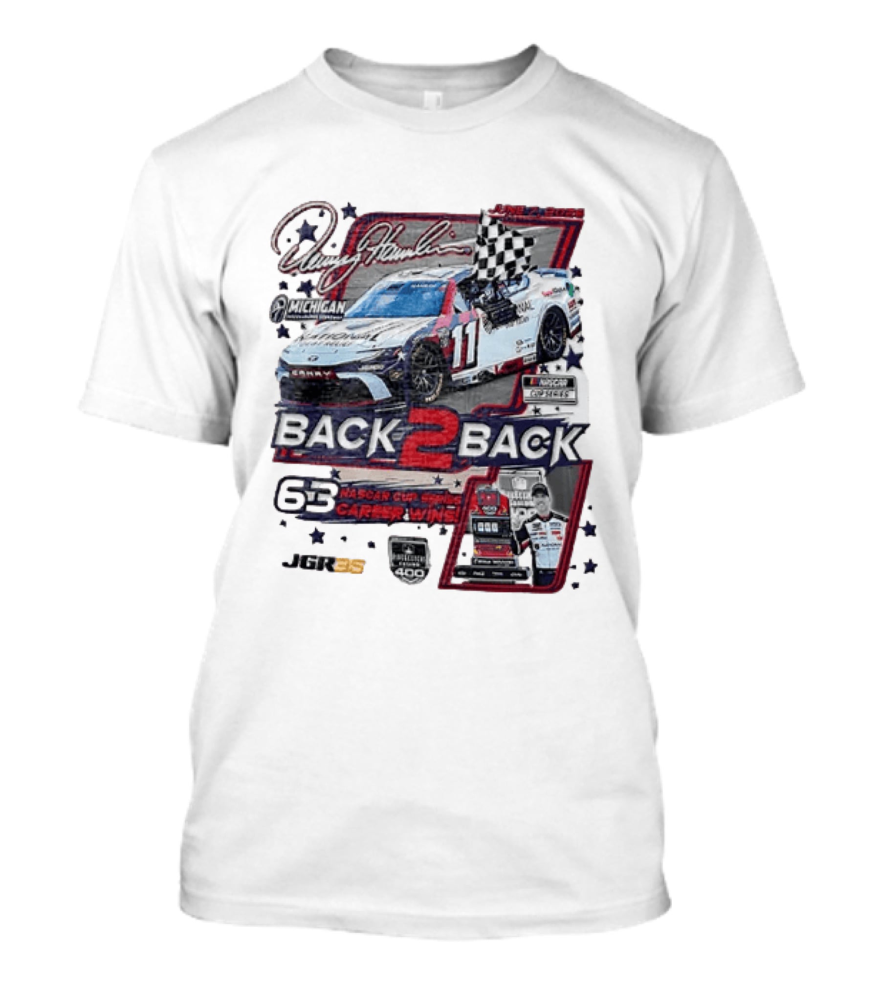 Denny Hamlin 60 NASCAR Cup Series Career Wins Back 2 Back Joe Gibbs Racing Michigan International Speedway NASCAR Cup Series Firekeepers Casino 400 T-Shirt