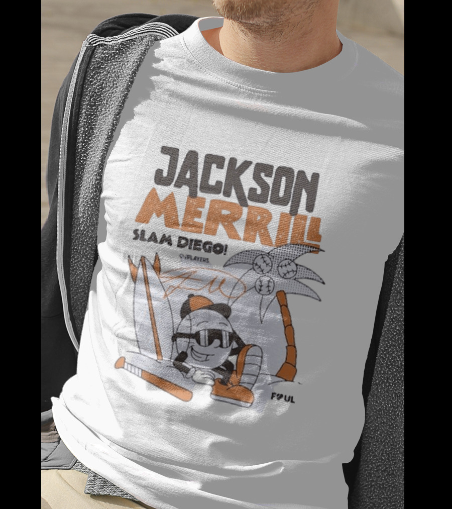 Jackson Merrill San Diego Padres Slam Diego Foul Territory Cartoon Baseball Palms T-Shirt