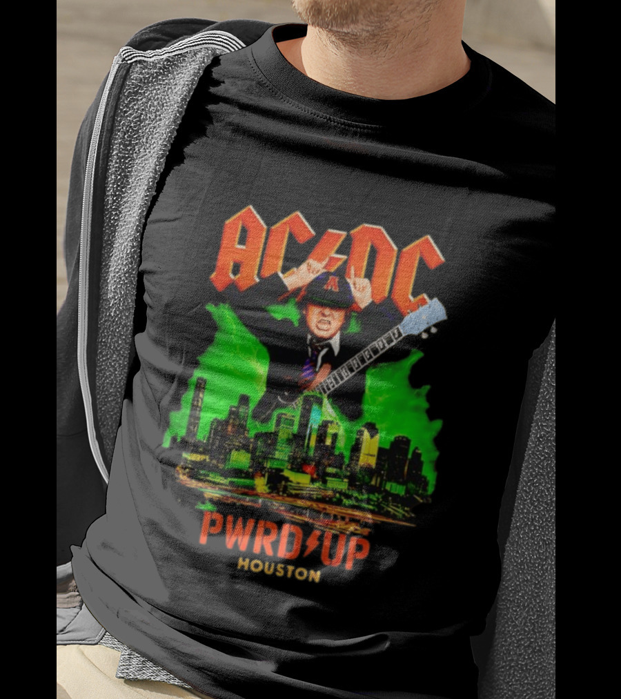 AC DC Angus Young Pwr Up Houston Hard Rock Skyline Electric Guitar T-Shirt