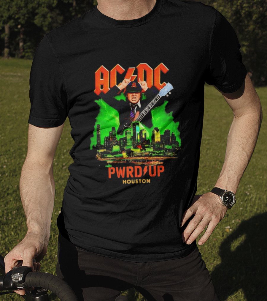AC DC Angus Young Pwr Up Houston Hard Rock Skyline Electric Guitar T-Shirt