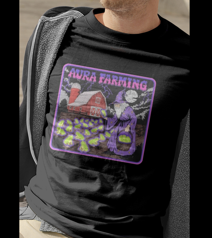 Aura Farming Moonlit Sorcerer Harvests Glowing Frogs Barn Wizard Magic T-Shirt