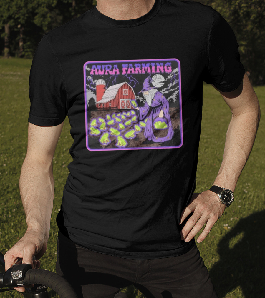Aura Farming Moonlit Sorcerer Harvests Glowing Frogs Barn Wizard Magic T-Shirt