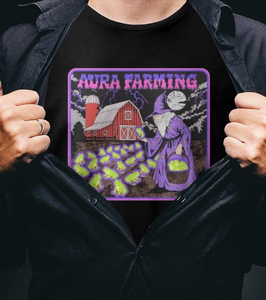 Aura Farming Moonlit Sorcerer Harvests Glowing Frogs Barn Wizard Magic T-Shirt