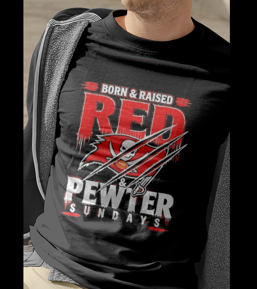 Born & Raised Red & Pewter Sundays Tampa Bay Buccaneers Fan Gear T-Shirt