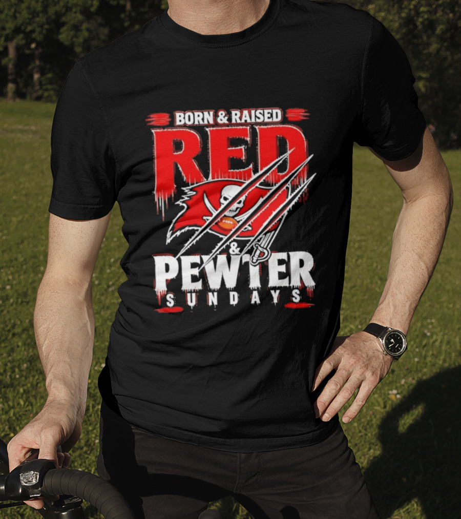 Born & Raised Red & Pewter Sundays Tampa Bay Buccaneers Fan Gear T-Shirt