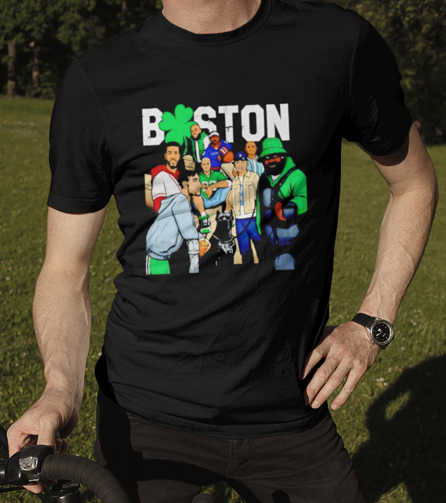 Boston Green Clover Sports Fan Characters Distressed Look T-Shirt