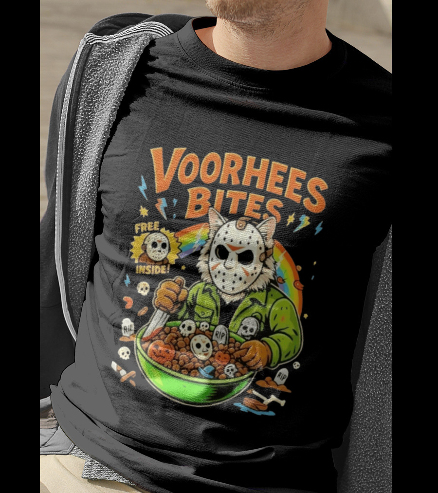 Voorhees Bites Jason Voorhees Cat Cereal Horror Mask Rainbow Feline Bowl Skeletons T-Shirt