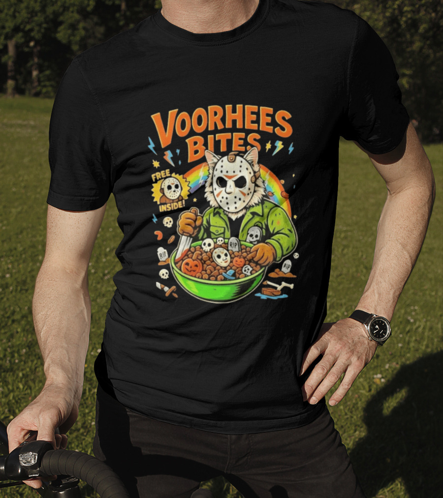 Voorhees Bites Jason Voorhees Cat Cereal Horror Mask Rainbow Feline Bowl Skeletons T-Shirt
