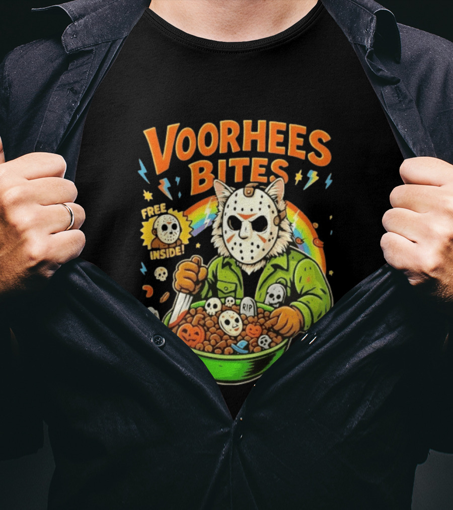 Voorhees Bites Jason Voorhees Cat Cereal Horror Mask Rainbow Feline Bowl Skeletons T-Shirt