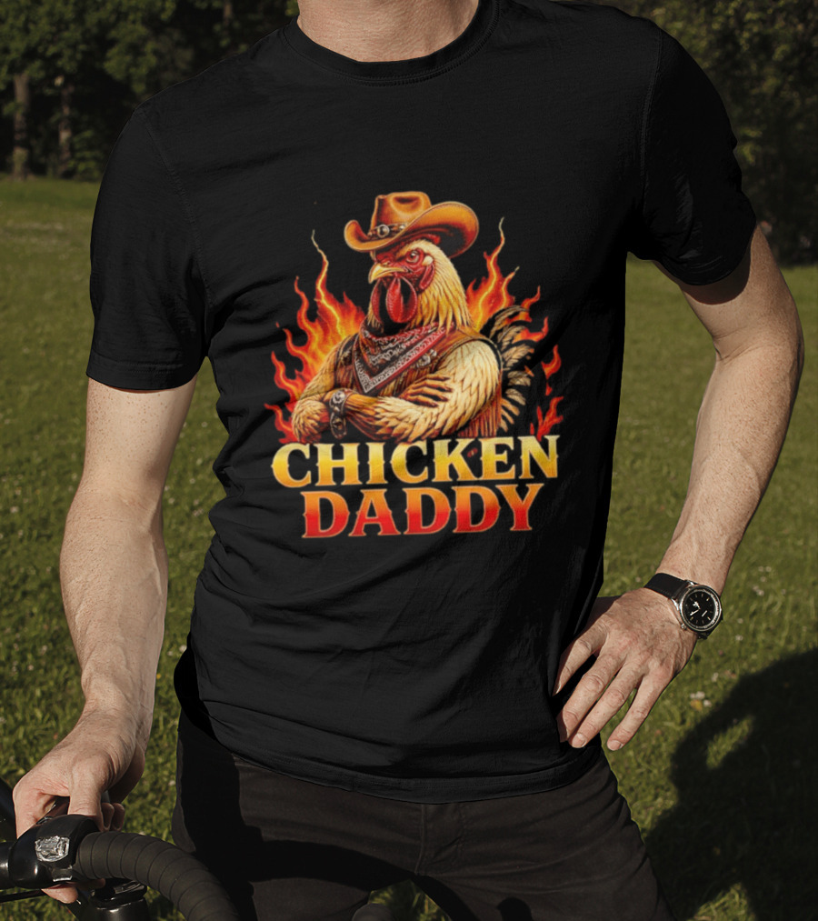 Chicken Daddy Cowboy Rooster With Flames And Bandana T-Shirt