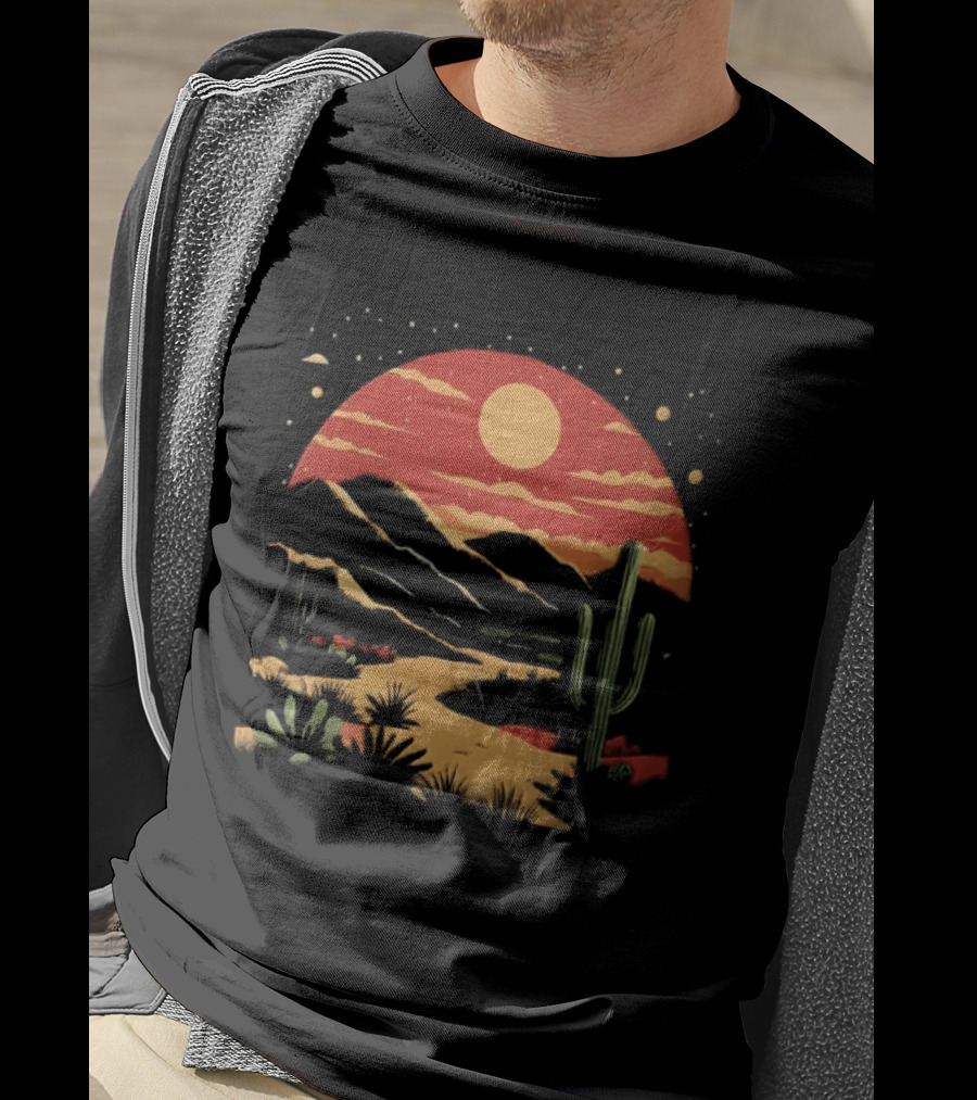 Sunset Sky Desert Saguaro Cactus Western Mountains Landscape Scene T-Shirt