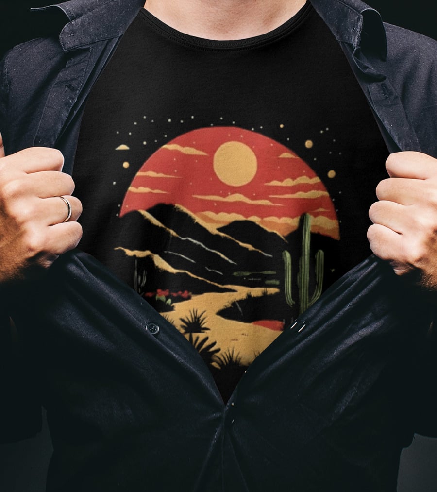Sunset Sky Desert Saguaro Cactus Western Mountains Landscape Scene T-Shirt