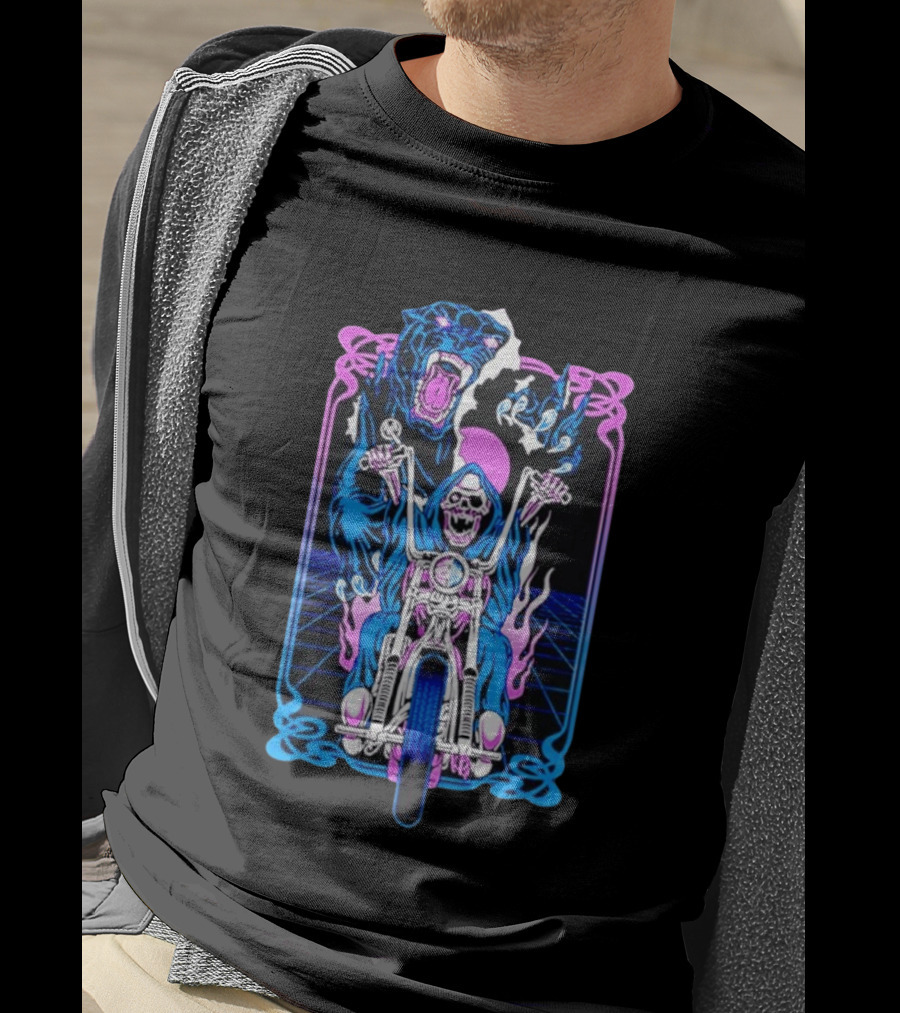 Grim Reaper Motorcycle Panther Retro Neon T-Shirt