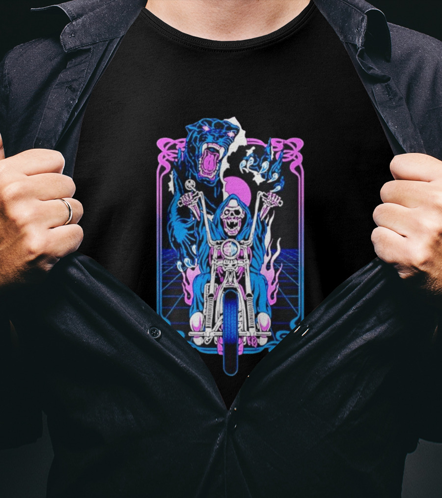Grim Reaper Motorcycle Panther Retro Neon T-Shirt