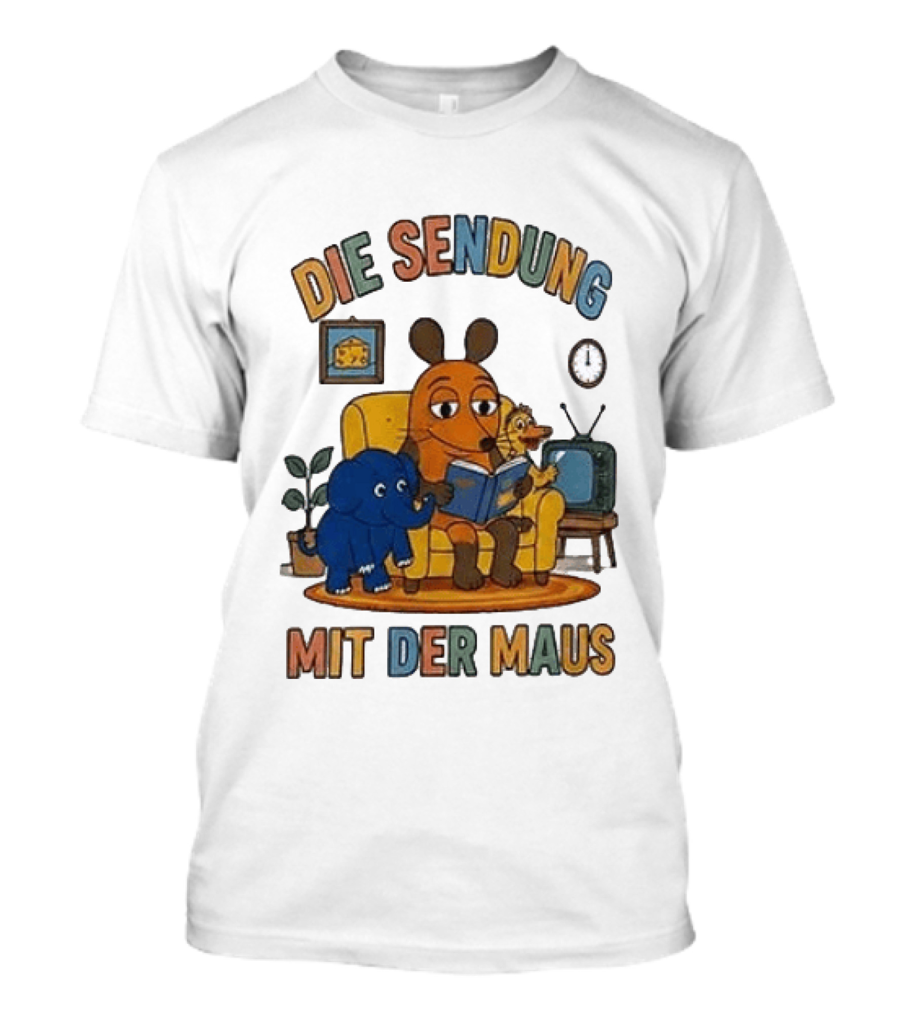 Die Sendung Mit Der Maus Cartoon Maus Ente Elefant Lesen Sitzung Wohnzimmeruhr T-Shirt