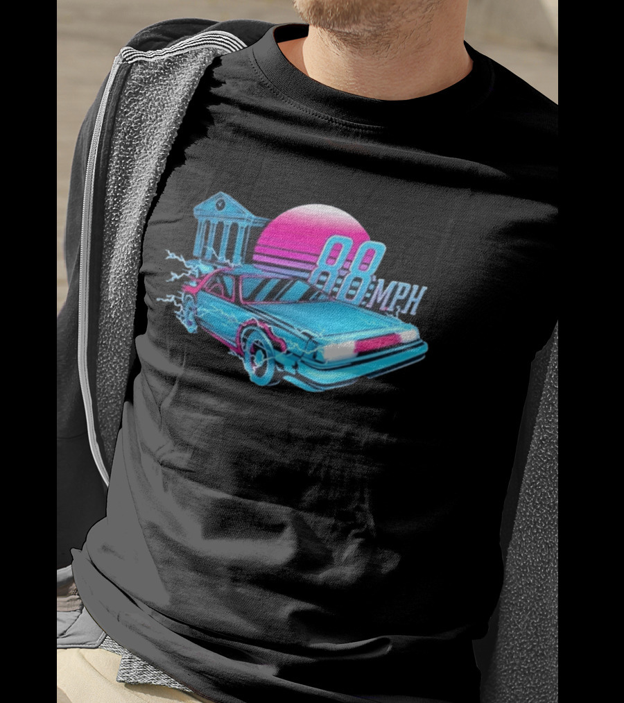 Back To The Future DeLorean 88 MPH Neon Style With Sunset And Tower T-Shirt
