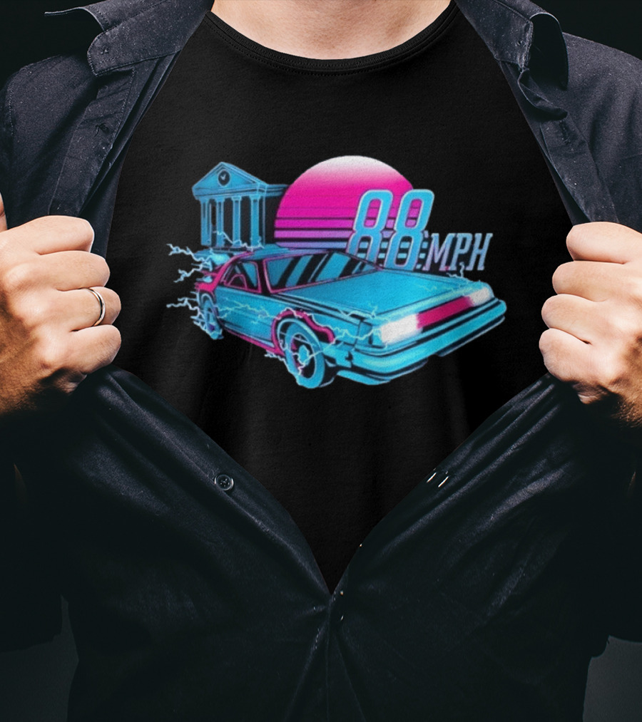 Back To The Future DeLorean 88 MPH Neon Style With Sunset And Tower T-Shirt