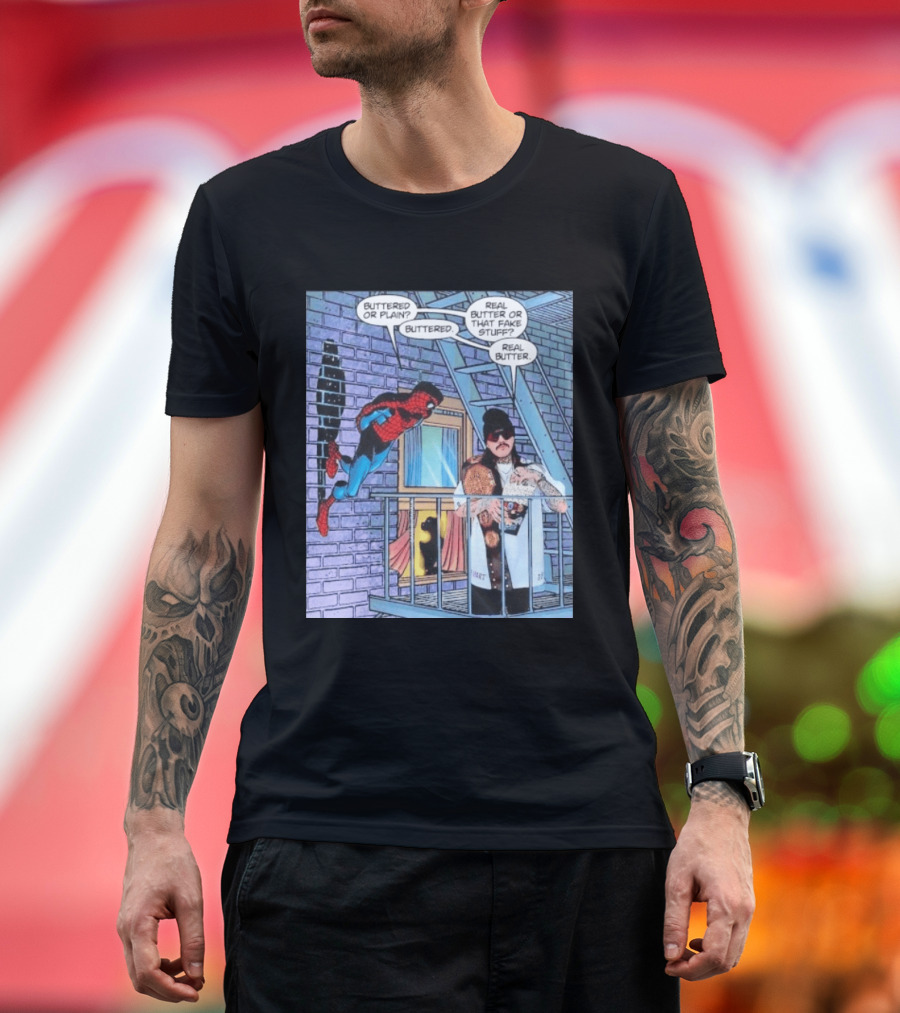 Spider Man Bret Hart Real Buttered Popcorn Balcony Scene T-Shirt