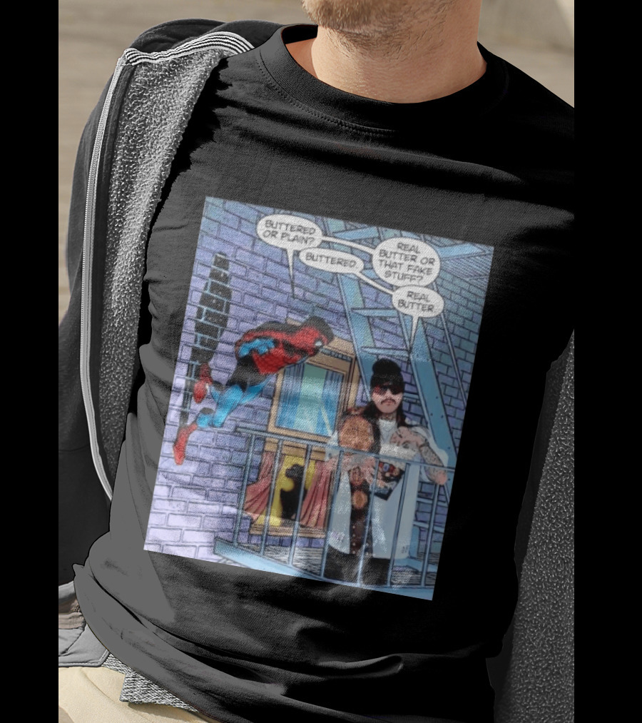Spider Man Bret Hart Real Buttered Popcorn Balcony Scene T-Shirt