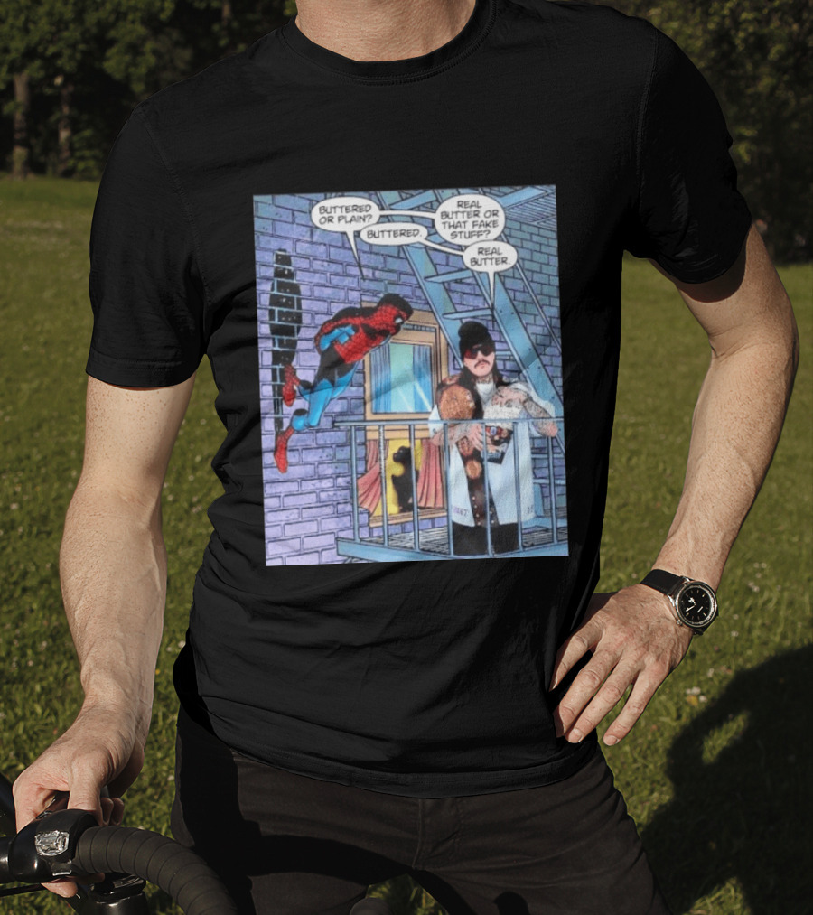 Spider Man Bret Hart Real Buttered Popcorn Balcony Scene T-Shirt