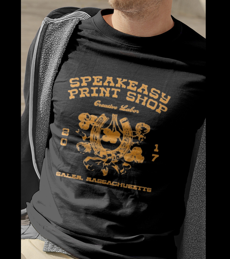 Speakeasy Print Shop Creative Labor Salem Massachusetts 2017 Horseshoe Floral T-Shirt