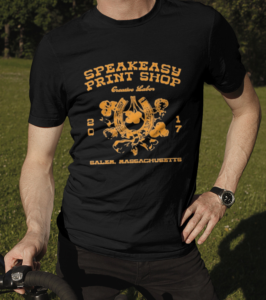 Speakeasy Print Shop Creative Labor Salem Massachusetts 2017 Horseshoe Floral T-Shirt